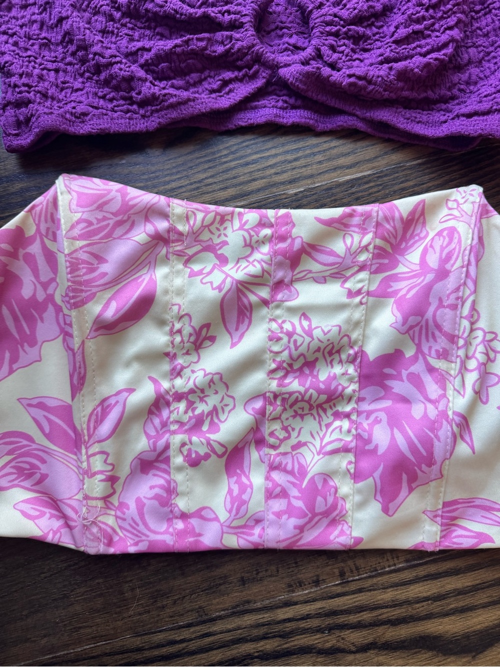 SHEIN Pink Floral Strapless Bustier with Purple Crochet Detail